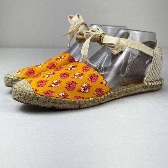 J. Crew Printed Lace Up D'orsay Espadrille Sandals Orange Block Floral Size 8.5 - Picture 1 of 10